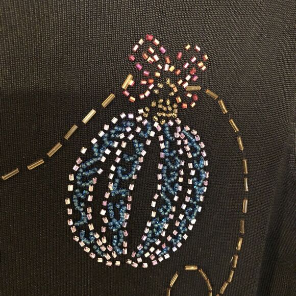 Black Slinky Knit Beaded Shirt Christmas Balls Ornaments Long Sleeve Size Medium - Picture 12 of 16